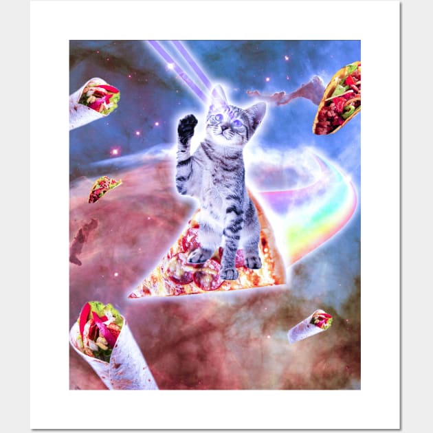 Laser Eyes Space Cat Riding Rainbow Pizza Wall Art by Random Galaxy